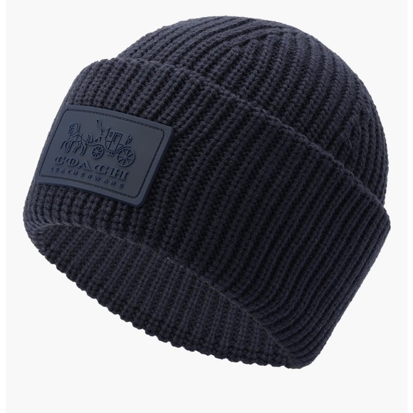 NWT - Coach Rubber Logo Patch Roll Up Wool Blended Beanie - Picture 2 of 6